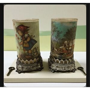 Set of 2 Vintage Sugar Frosted 5" Glass Candle Pillar Hummel Girl & Boy with Umb